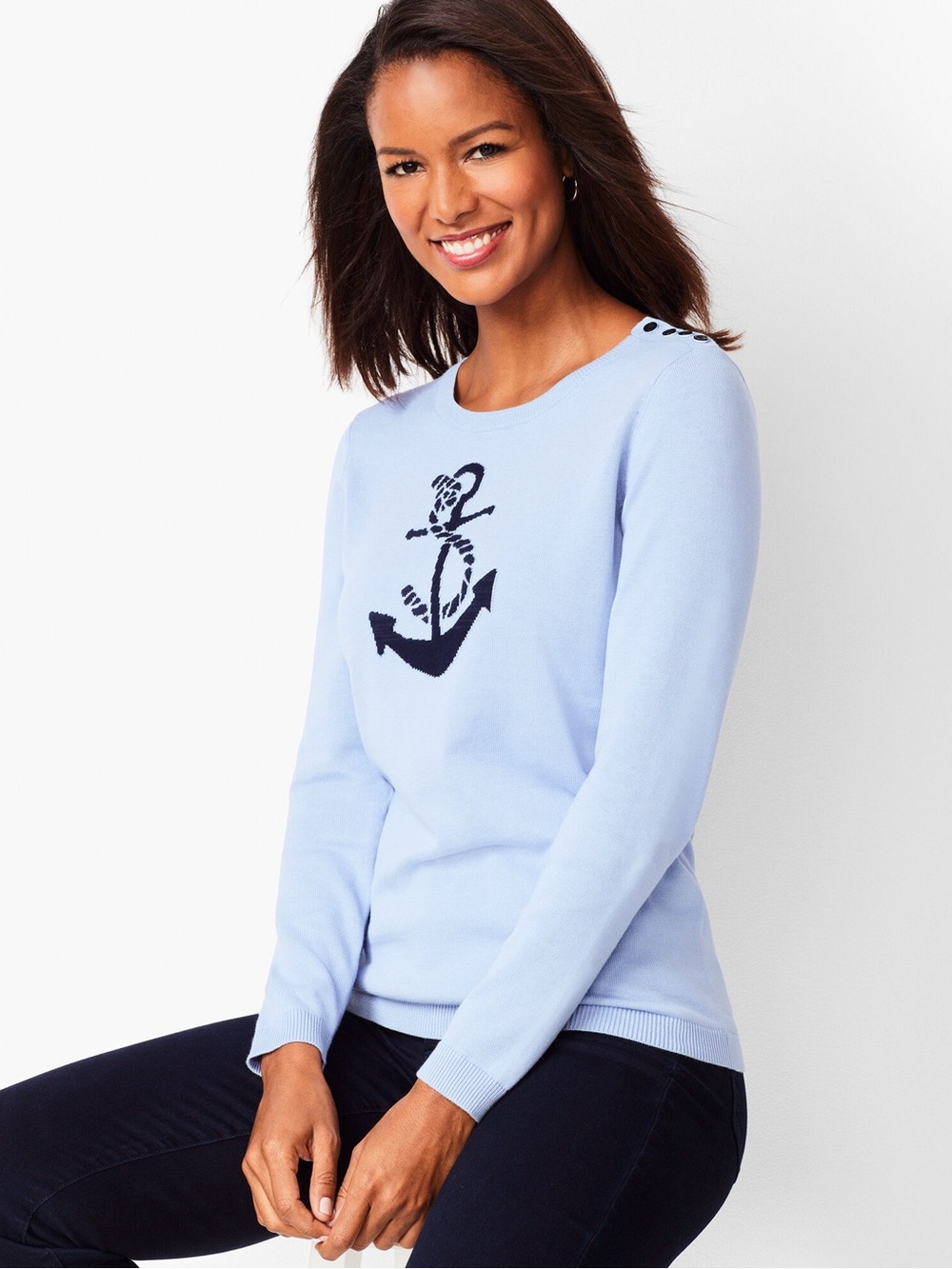 Talbots Anchor Blue Crewneck Sweater Size S Classic Nautical American Preppy